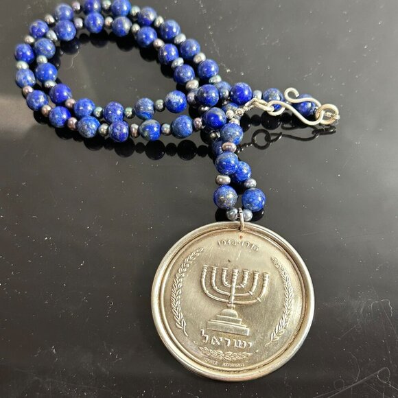 Star of David Menorah Sterling Silver Lapis Lazuli Necklace 925 Tahitian Pearls - Picture 1 of 8